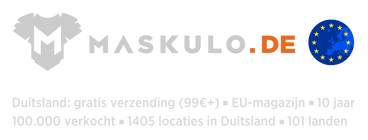 maskulo.de logo and text in Dutch about the 99 EUR threshold for free delivery, shipping from the EU stockroom and that for 10 years more than 100 thousand purchases were delivered to 1405 towns and cities in Germany and 101 countries of the world