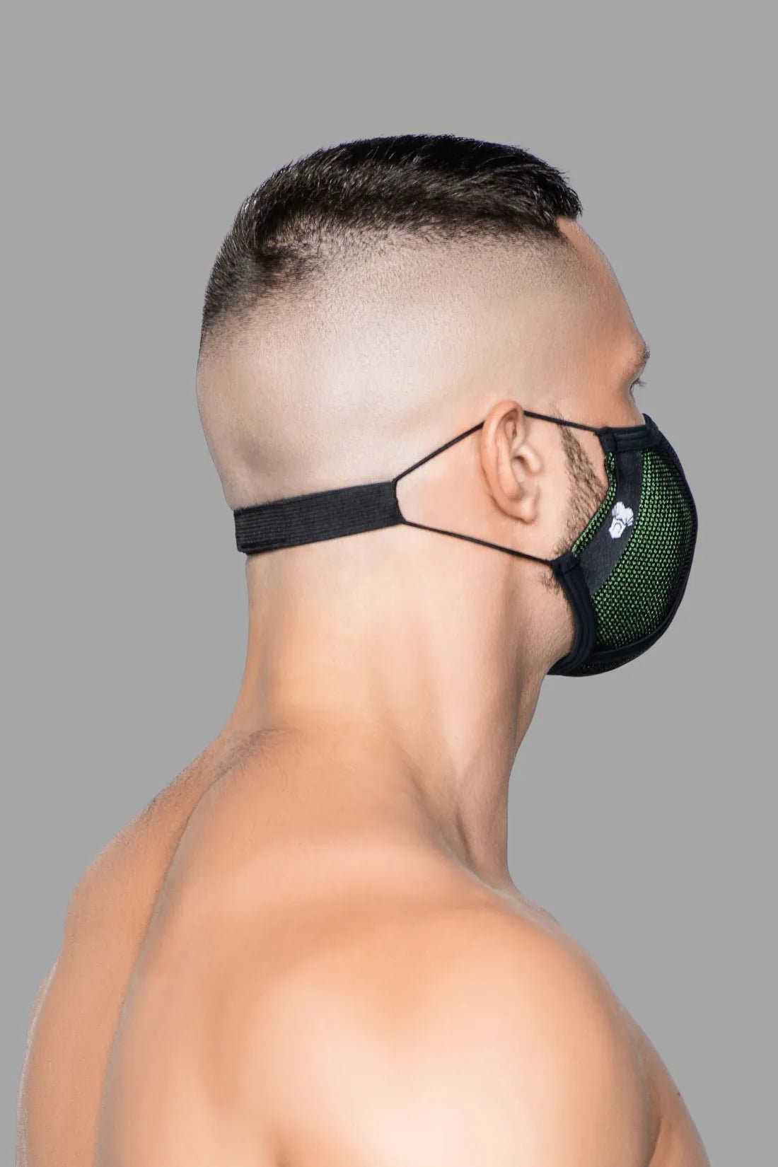 Life 3D Mask by Maskulo in Green and Black stripes. Durable polyester/cotton blend fashion face mask accessory with adjustable straps.