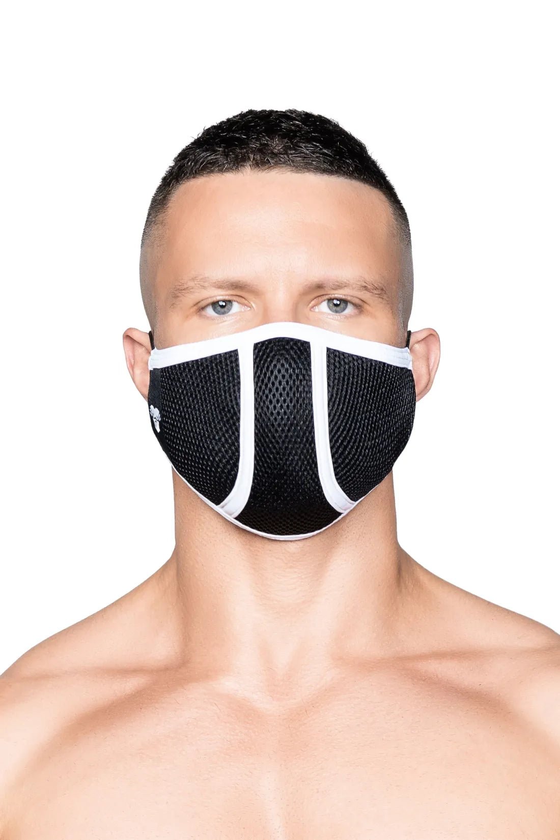Maskulo Life Mask, Black and White. Stylish accessory with adjustable straps. SKU MAC111-YX.