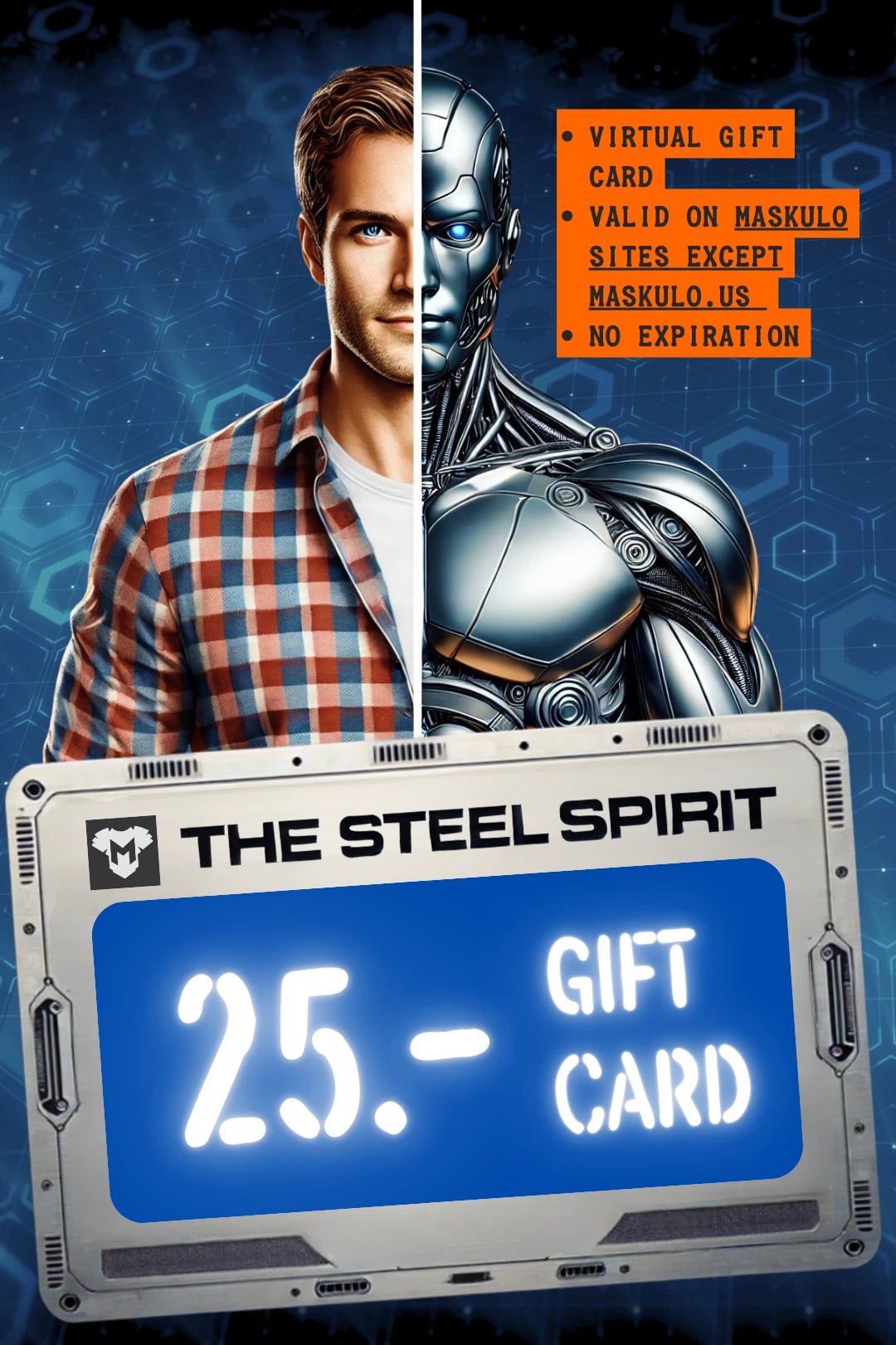 Maskulo Global "The Steel Spirit" Gift Card. Delivered via email. Use for menswear, redeemable online, no expiry.