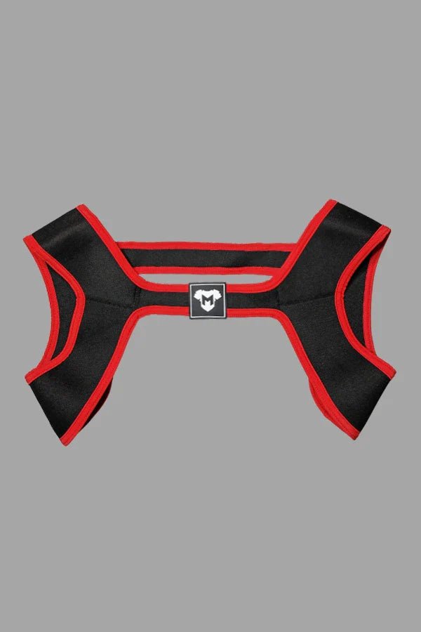 Maskulo Zale Aquatorr neoprene chest harness in black with red stripes. Durable men&