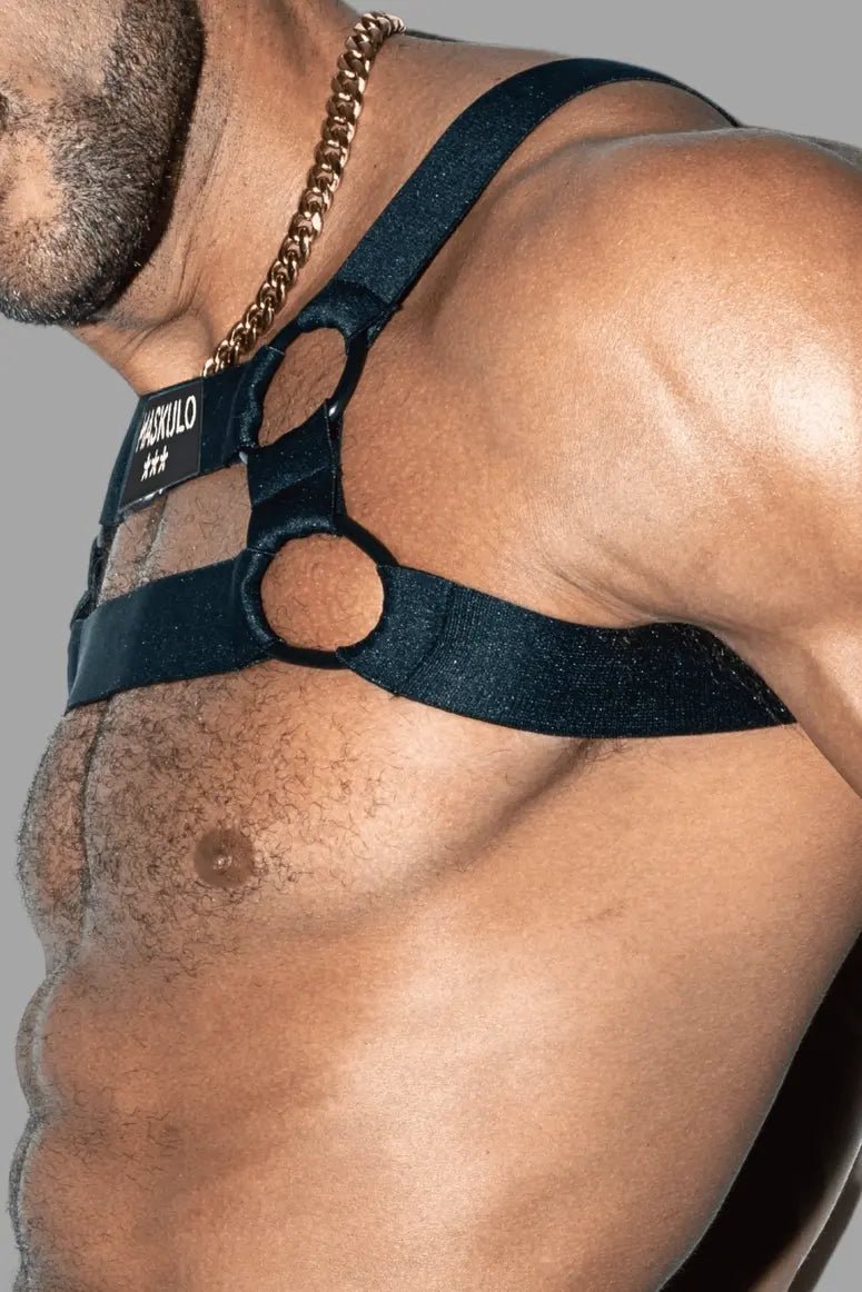 Black Dean Tropix elastic bulldog harness (MHR210-Y2, size M) by Maskulo. Ideal for active wear, providing comfort and secure fit.