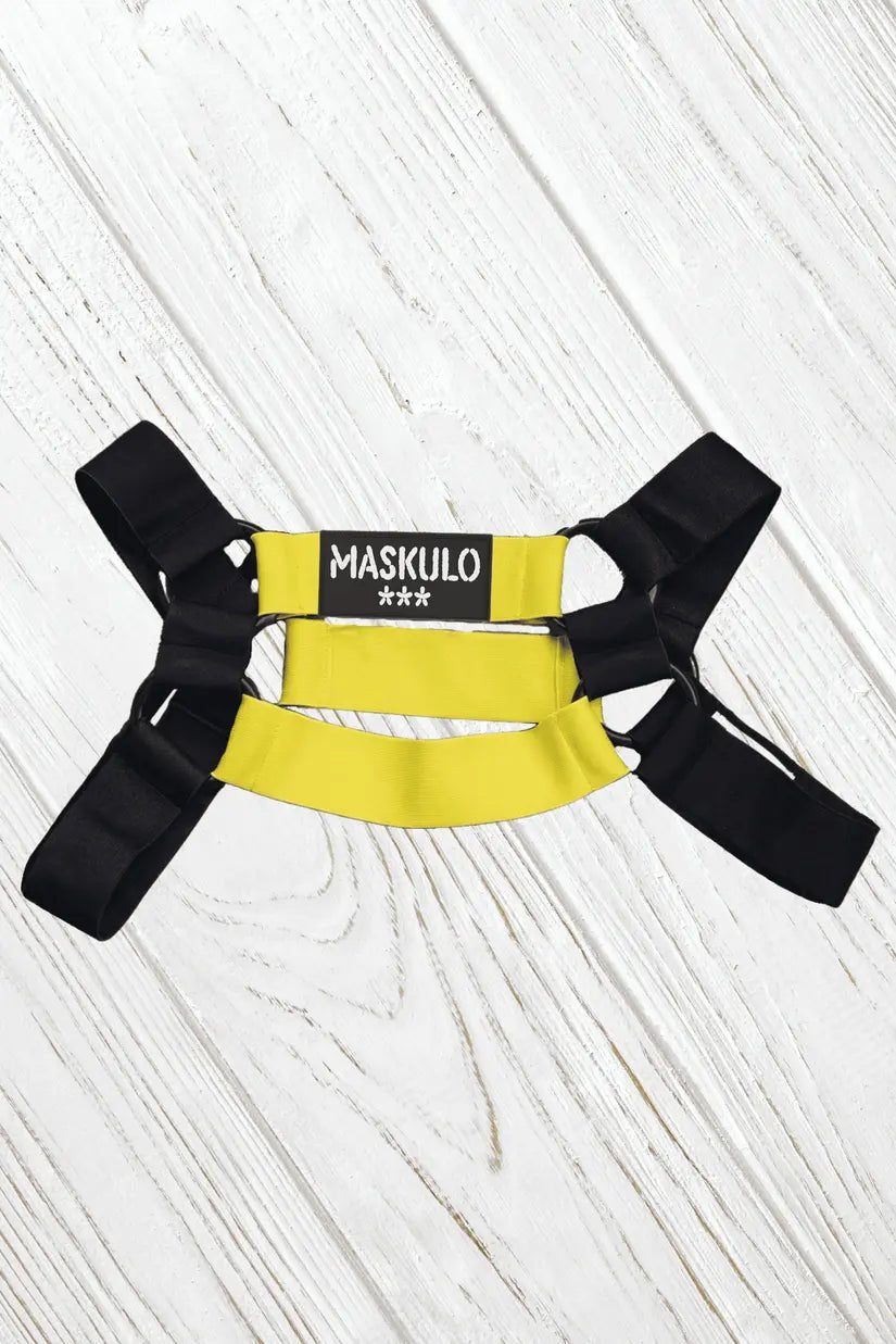 Maskulo Conrad Tropix elastic bulldog harness in yellow and black, made from 100% nylon for a thick, sturdy, and perfect fit. Great for parties.