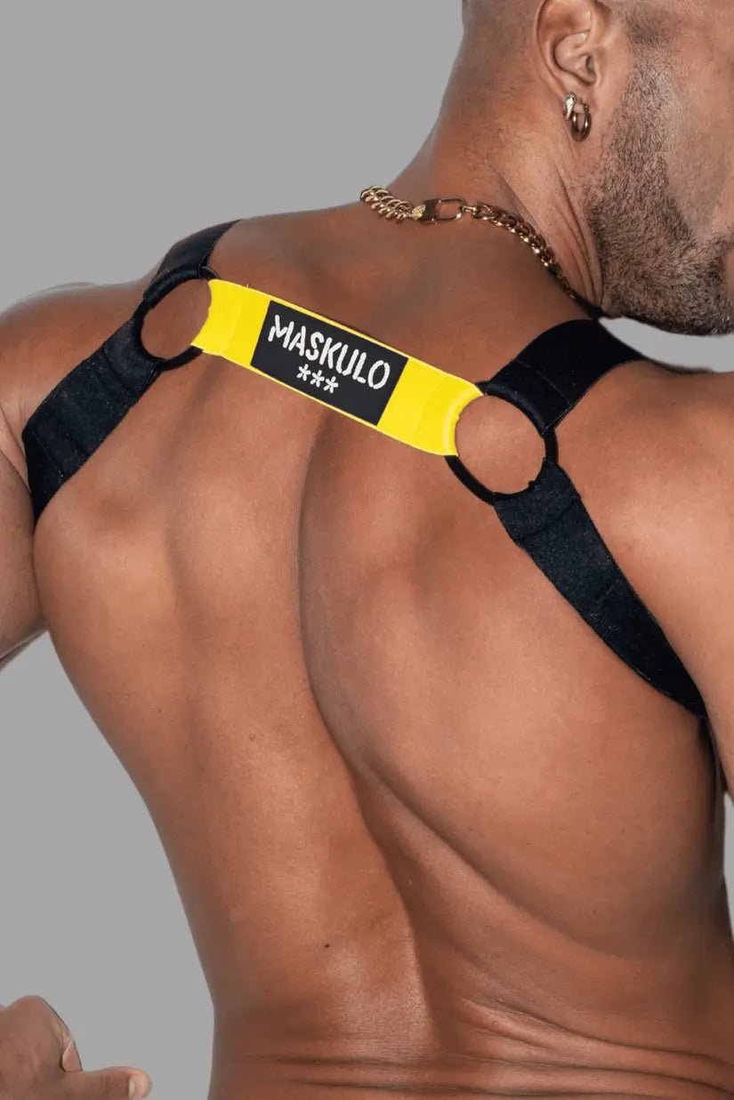 Maskulo Conrad Tropix elastic bulldog harness in yellow, size L/XL. Durable and comfortable accessory priced at 49.00, perfect for adults.