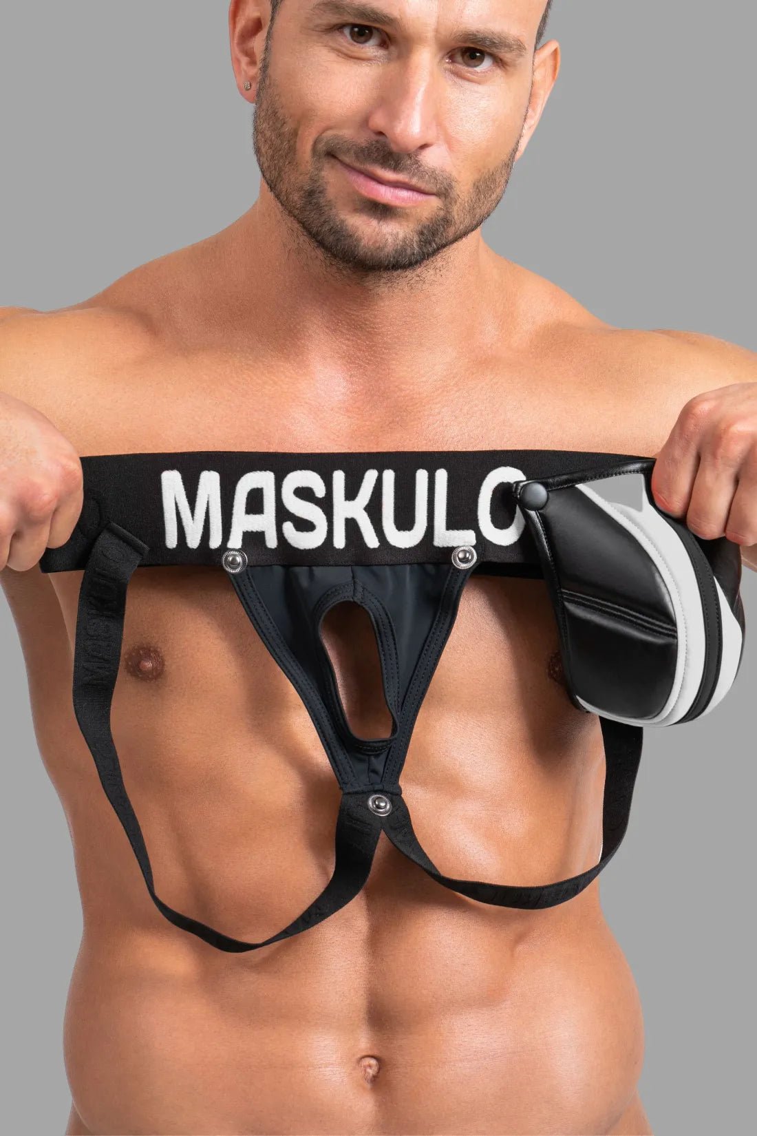 Black and white jockstrap, Big Bulge design, sold by Maskulo Global (EU).