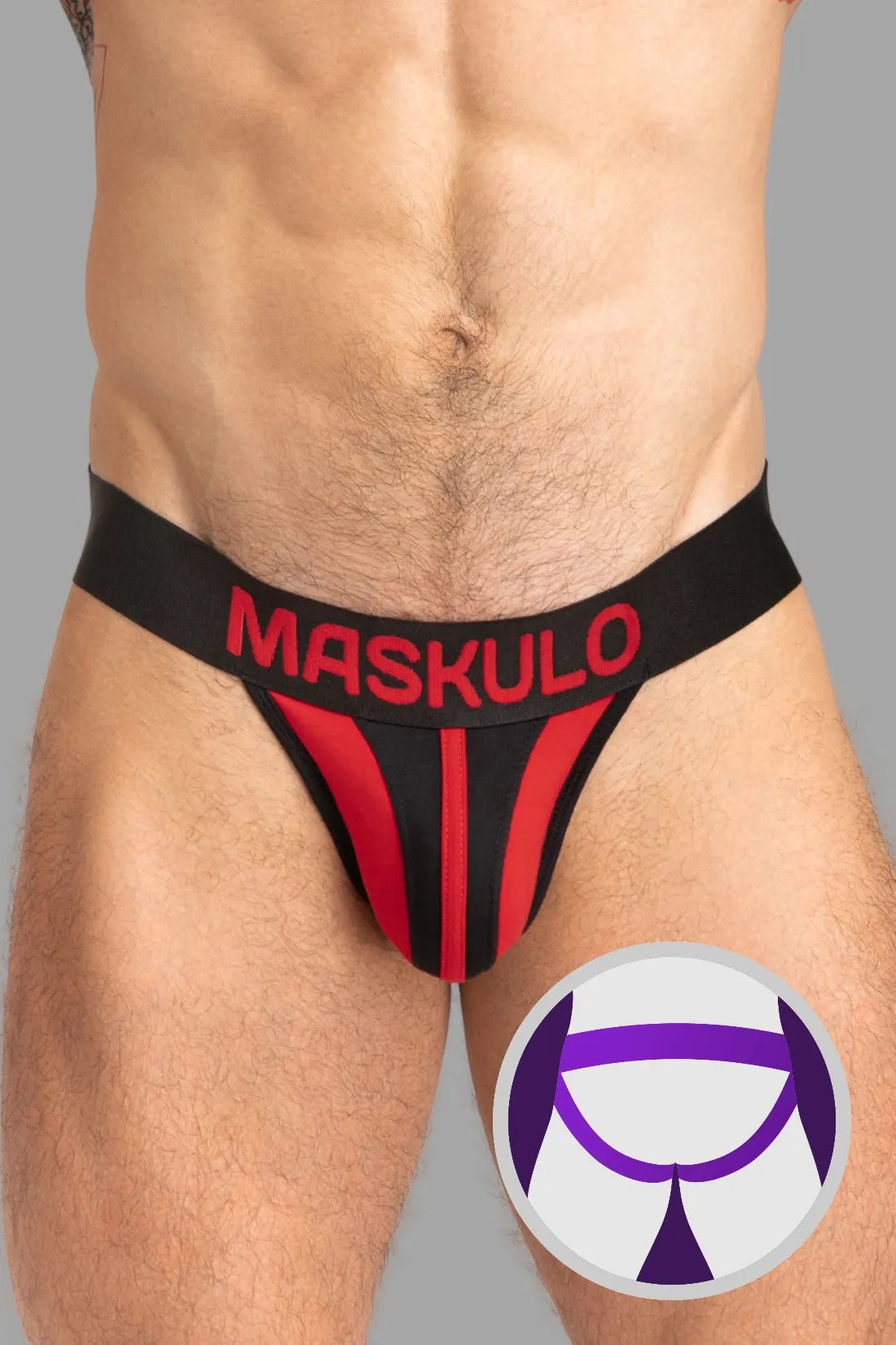 Maskulo TIGER Jockstrap, black & red, 100% cotton everyday underwear with POUCH-SNAP for adjustable bulge size. Global store.