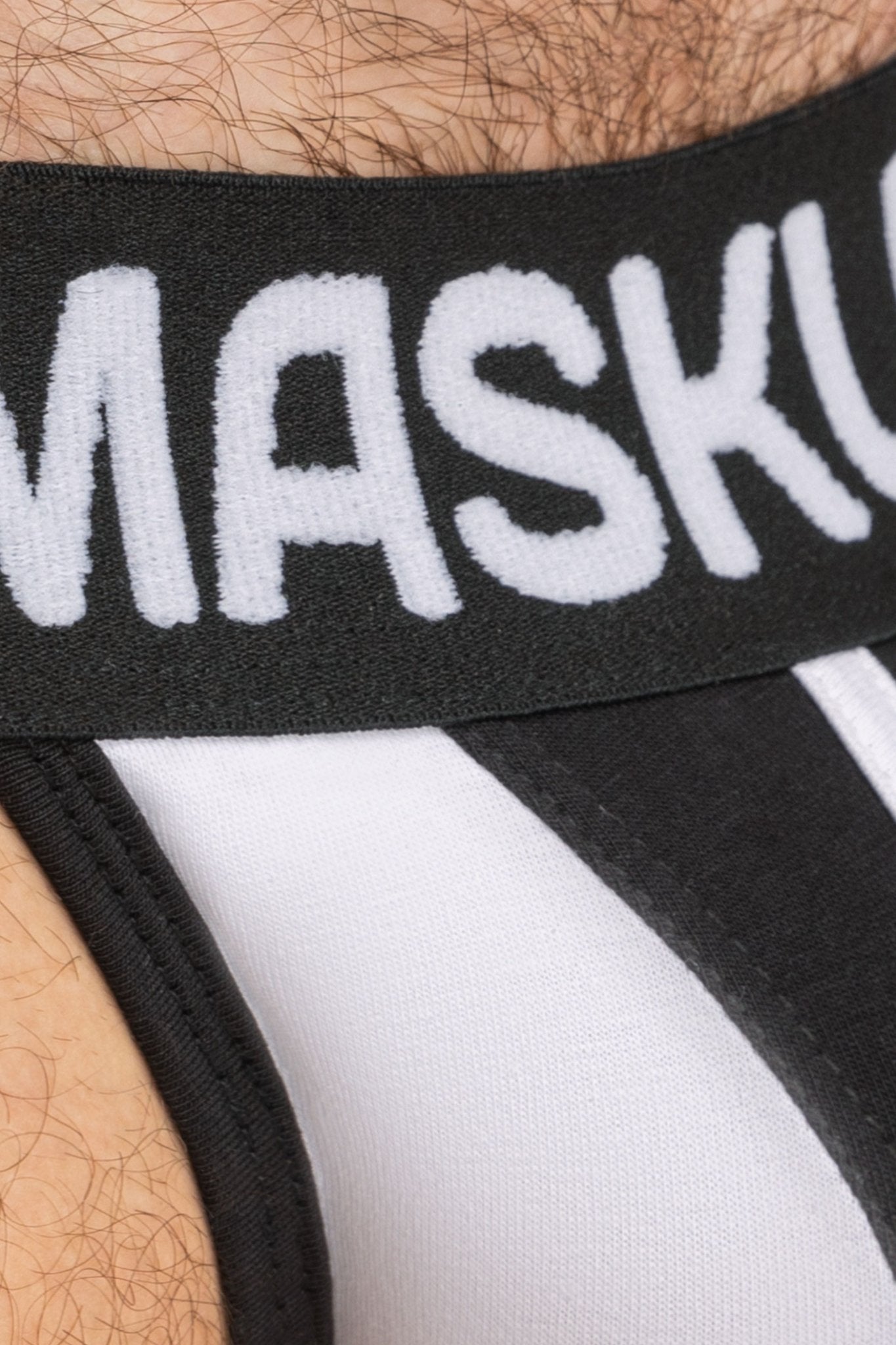 Maskulo TIGER Jockstrap, white & black, 100% cotton everyday underwear with POUCH-SNAP for customizable bulge size. Global store.