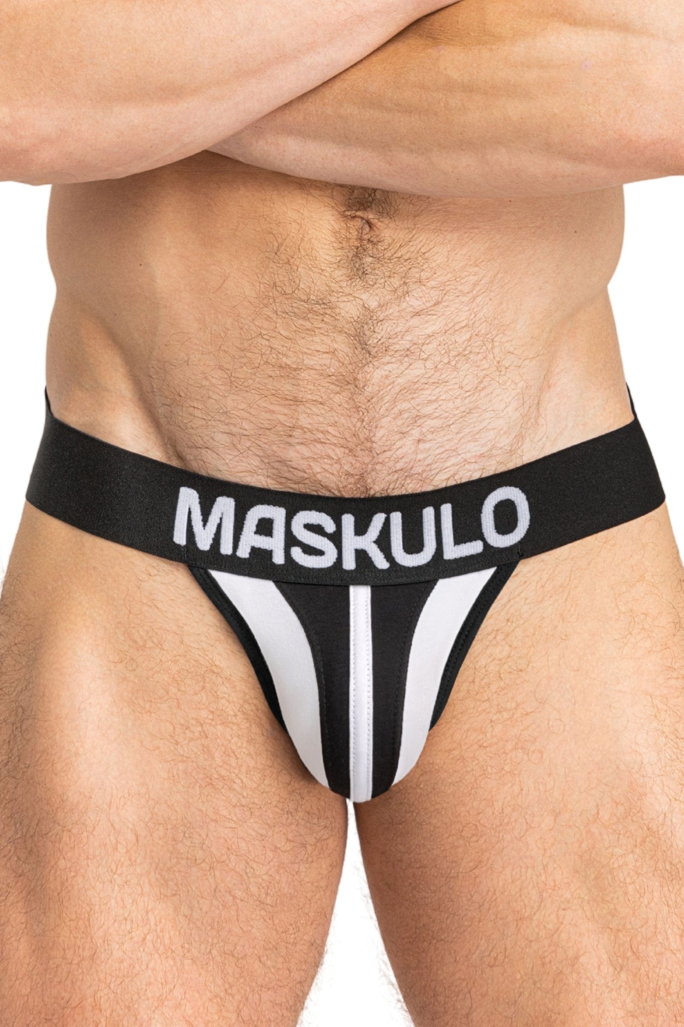 Maskulo TIGER Jockstrap, white & black, 100% cotton everyday underwear with POUCH-SNAP for customizable bulge size. Global store.