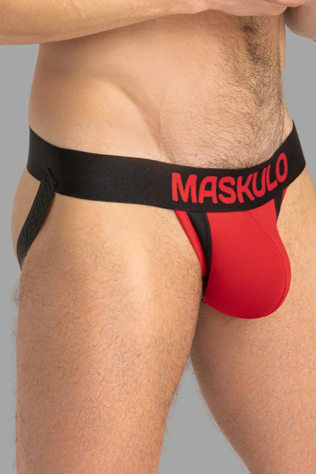 Maskulo Captain-A Red & Black Jockstrap with O-Inside-POUCH technology. 100% cotton everyday underwear, open back.