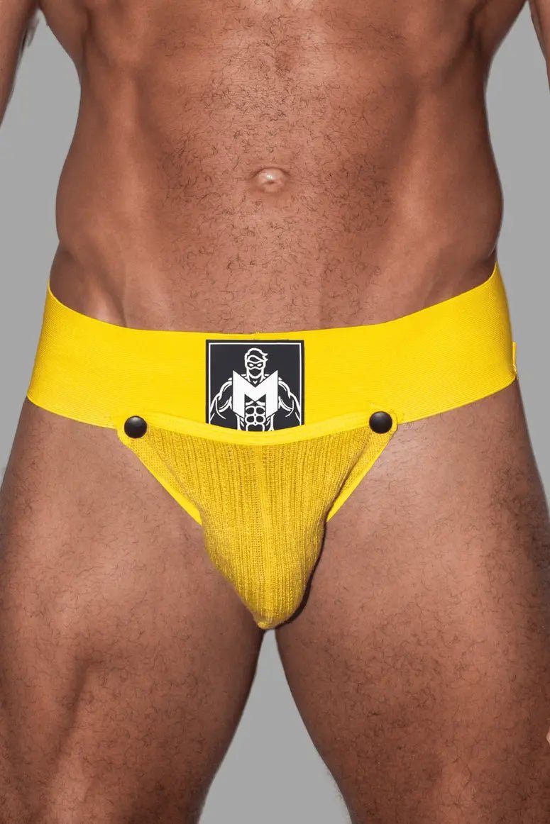 Maskulo Brad Cyclone yellow jockstrap: rough design, soft mesh removable pouch on snap buttons, wide waist band. Underwear.