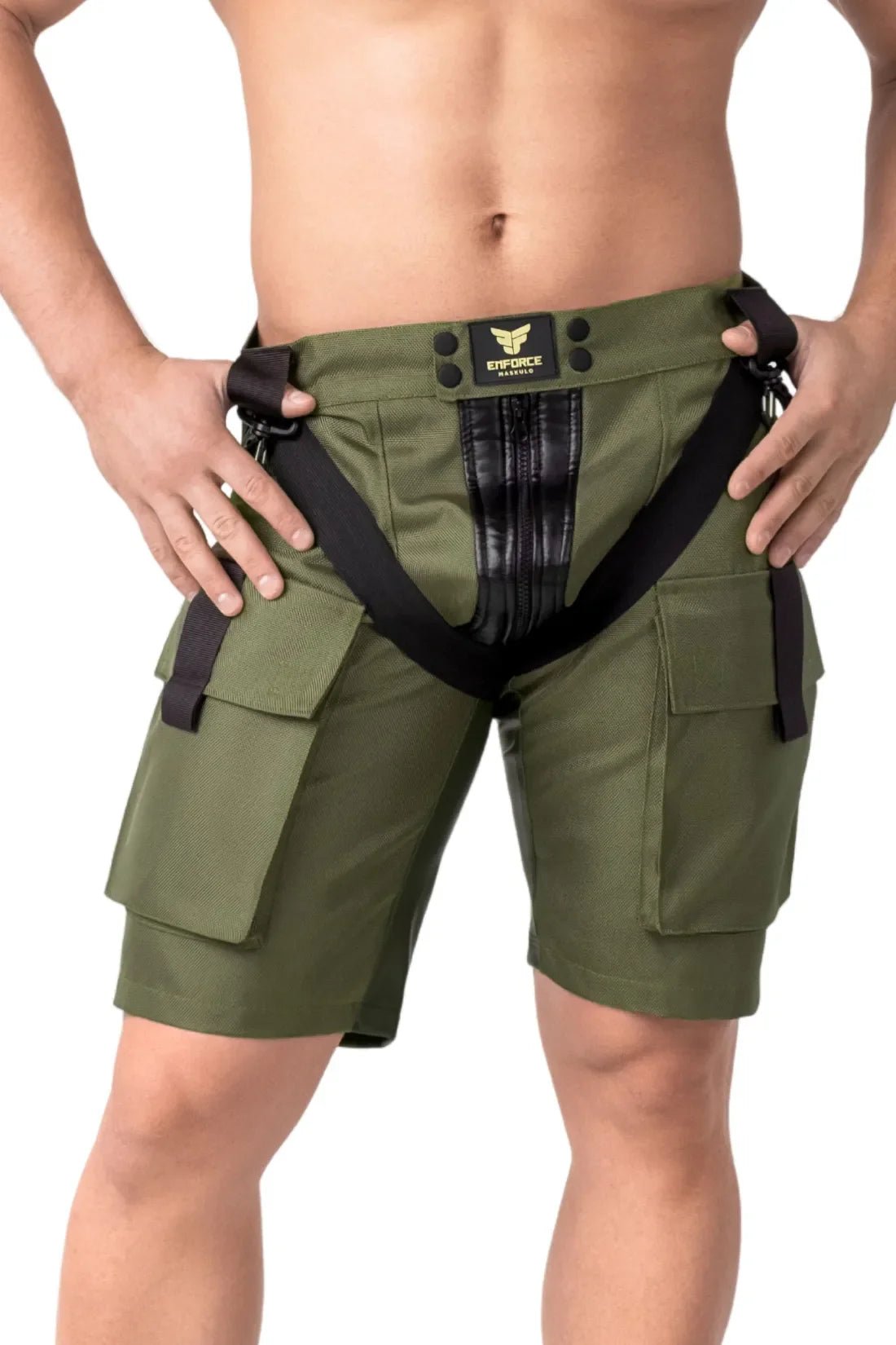 Maskulo Hawk Enforce zippered shorts for men, with zippers on two sides. Ideal for sportswear or fetish. Black.