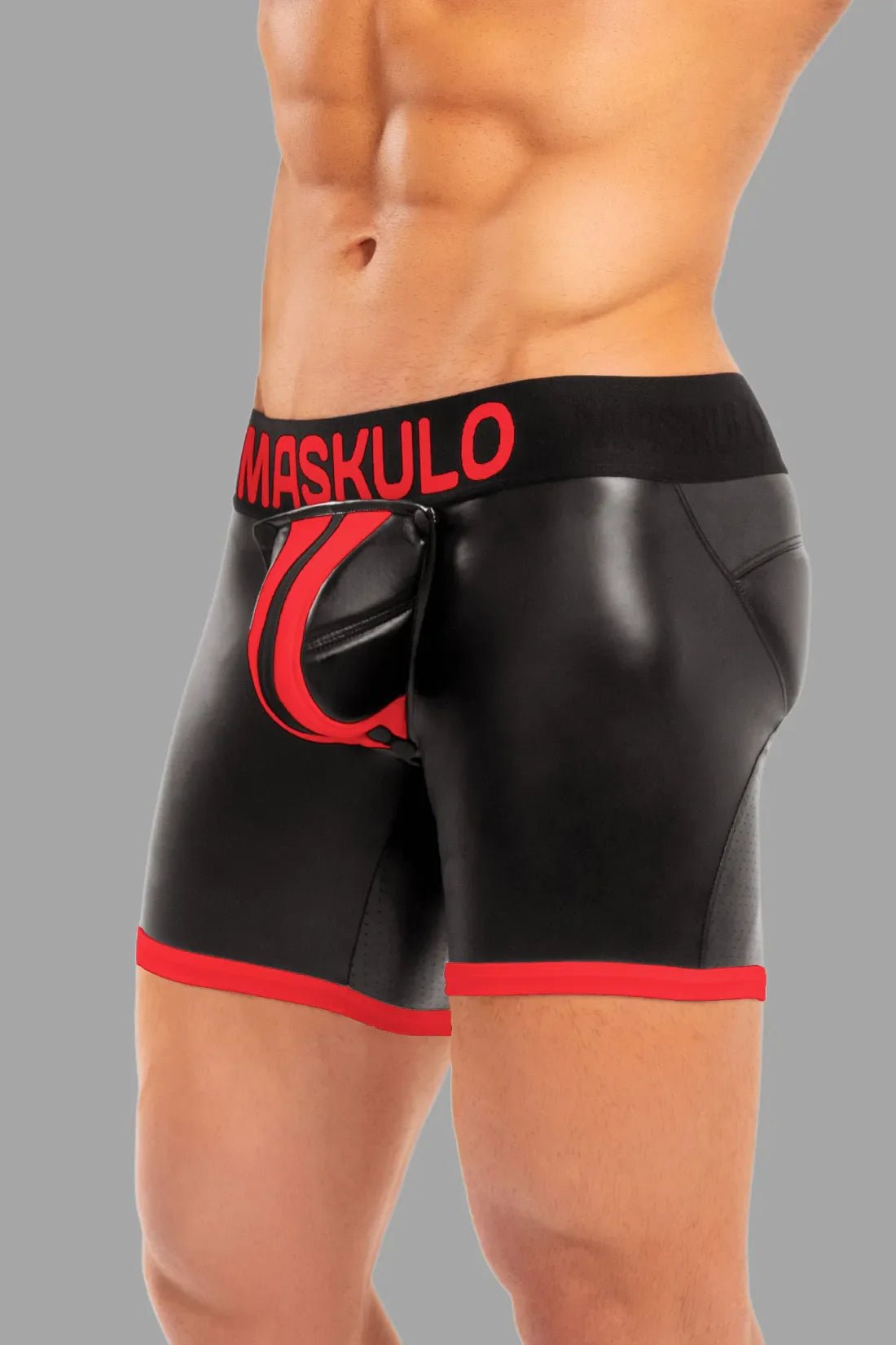 Black and red basic shorts with pads and zippered rear, sold by Maskulo Global (EU) online store. Men&
