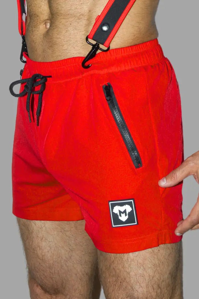 Maskulo double soft nylon red shorts (MSH249) with zip pockets for men, available in XL. Comfortable and durable gym wear.