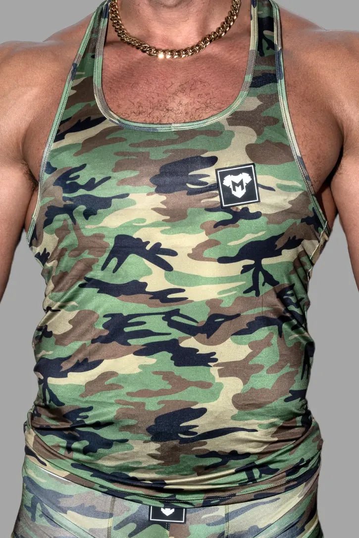 Maskulo Gaell Sleek Tight Top in Silky Camouflage. Super tight, smooth, stretchy, and silky tank top with 3D logo. MTP177.