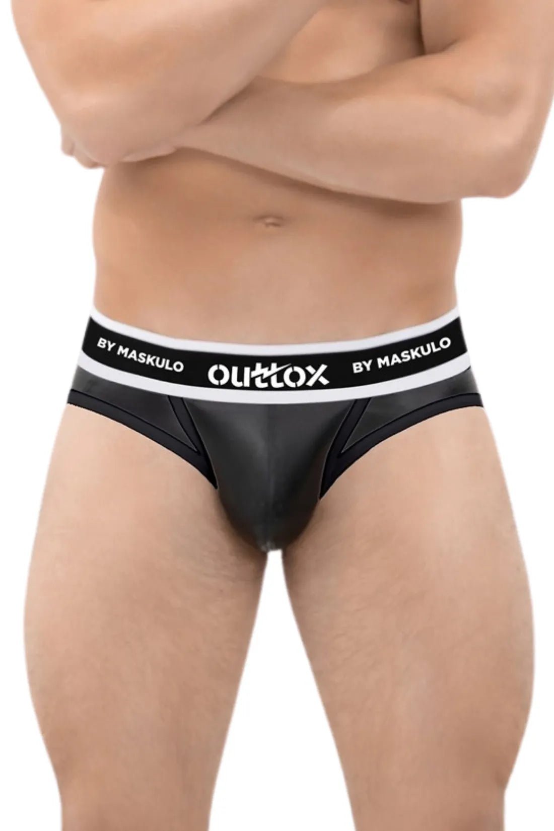 Maskulo Outtox Wrapped Rear Briefs with Snap Codpiece in Black. Fetish leather-look underwear with slotted backwrap for easy access.