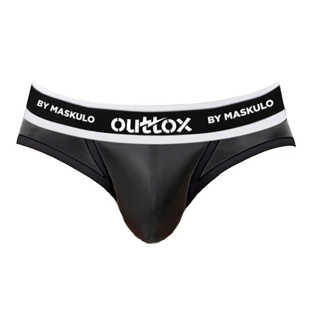 Maskulo Outtox Wrapped Rear Briefs with Snap Codpiece in Black. Fetish leather-look underwear with slotted backwrap for easy access.