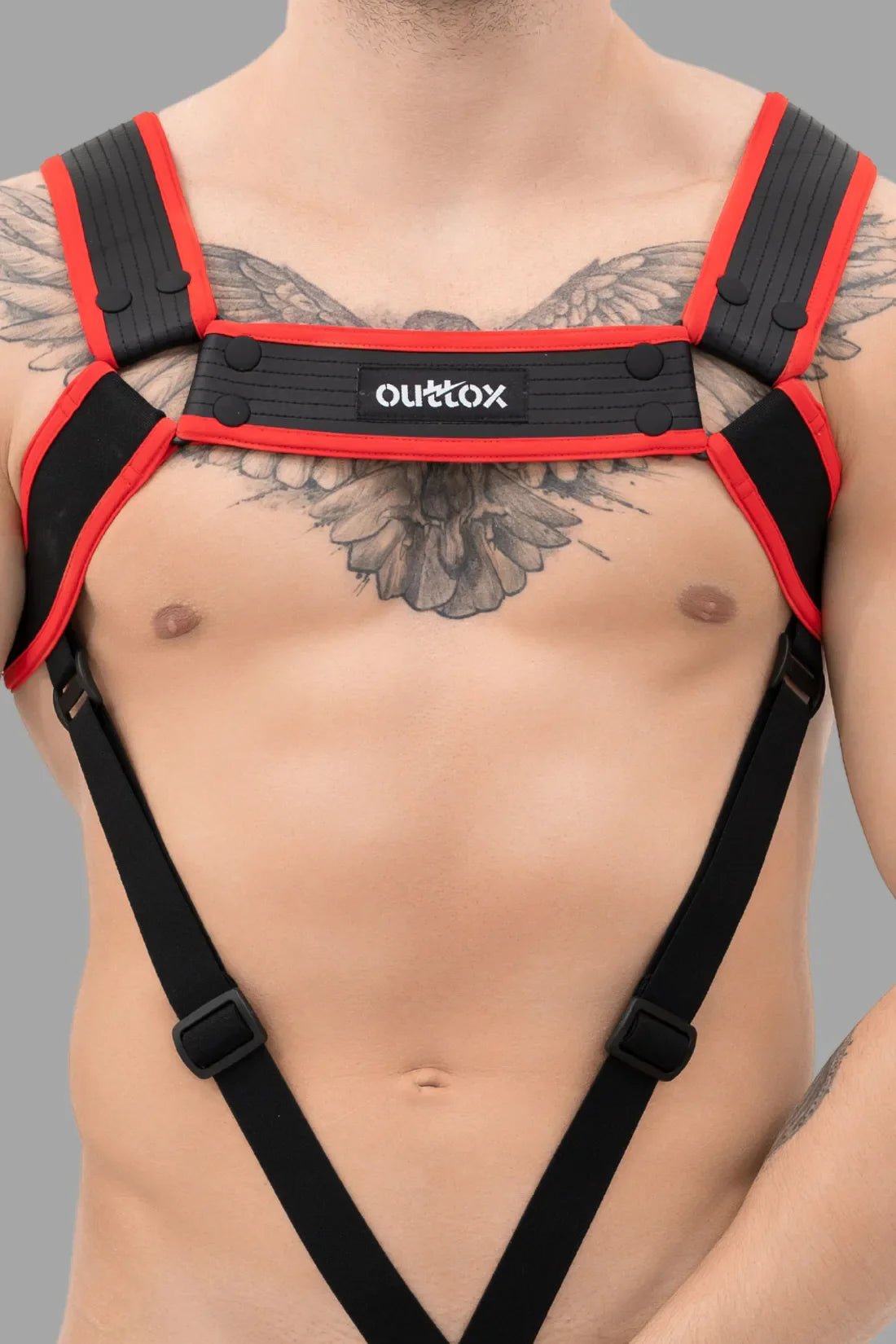 Maskulo Outtox Body Harness with Snaps in Black and Red, size Large. Fashionable body accessory for adults.