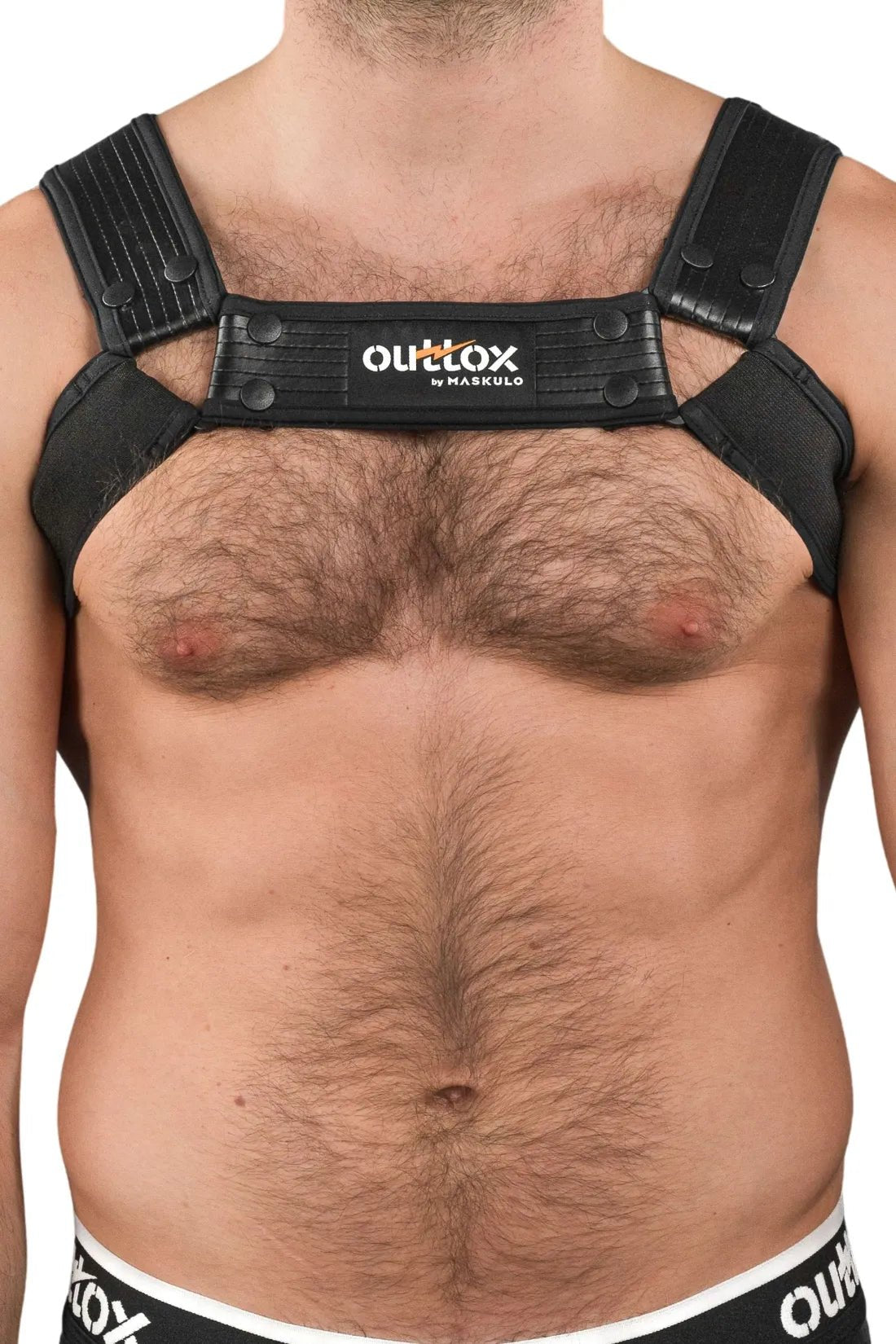 Outtox by Maskulo Bulldog Harness with Snaps in Black. Adjustable fetish accessory for men&
