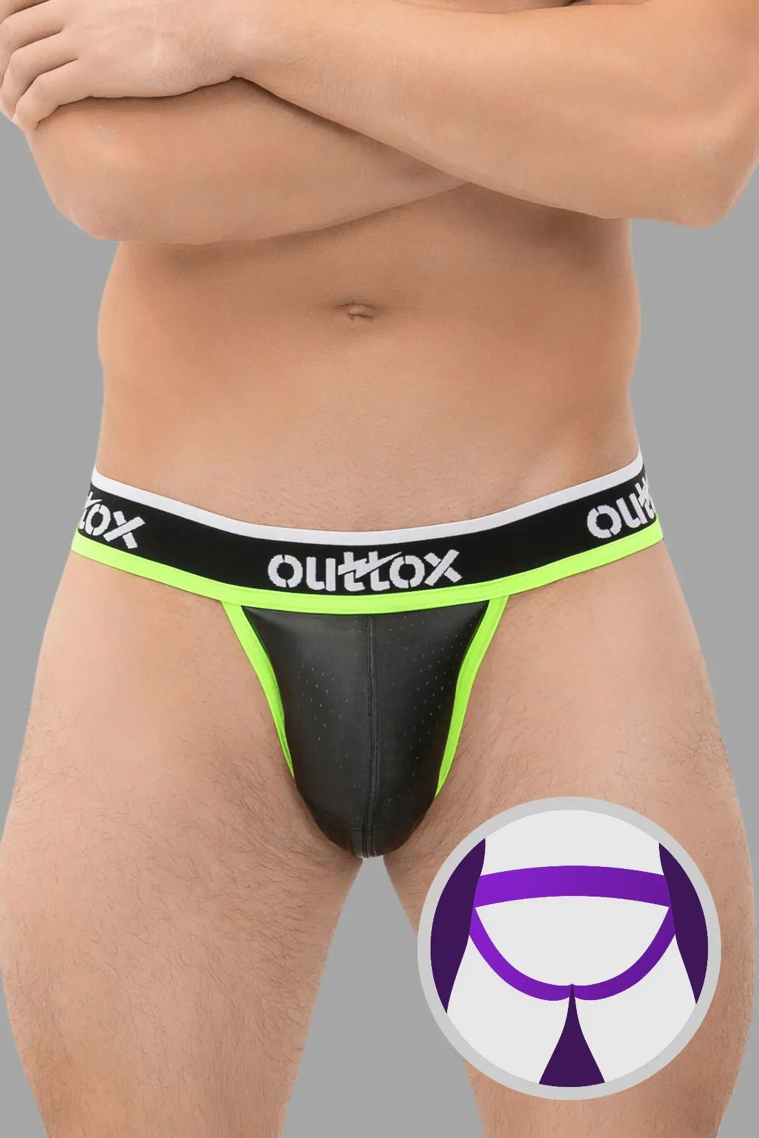 Outtox Jock with Snap Codpiece in Black and Green Neon. Perforated PU eco leather, polyester blend. Men&