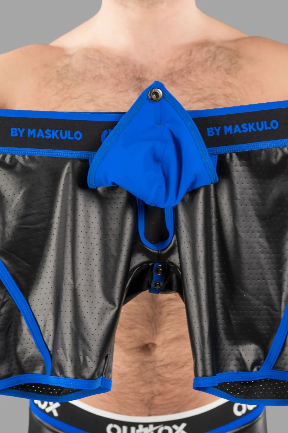Outtox by Maskulo Wrapped Rear Shorts in black and blue with snap codpiece. Perforated PU eco leather, polyester blend. Shorts.