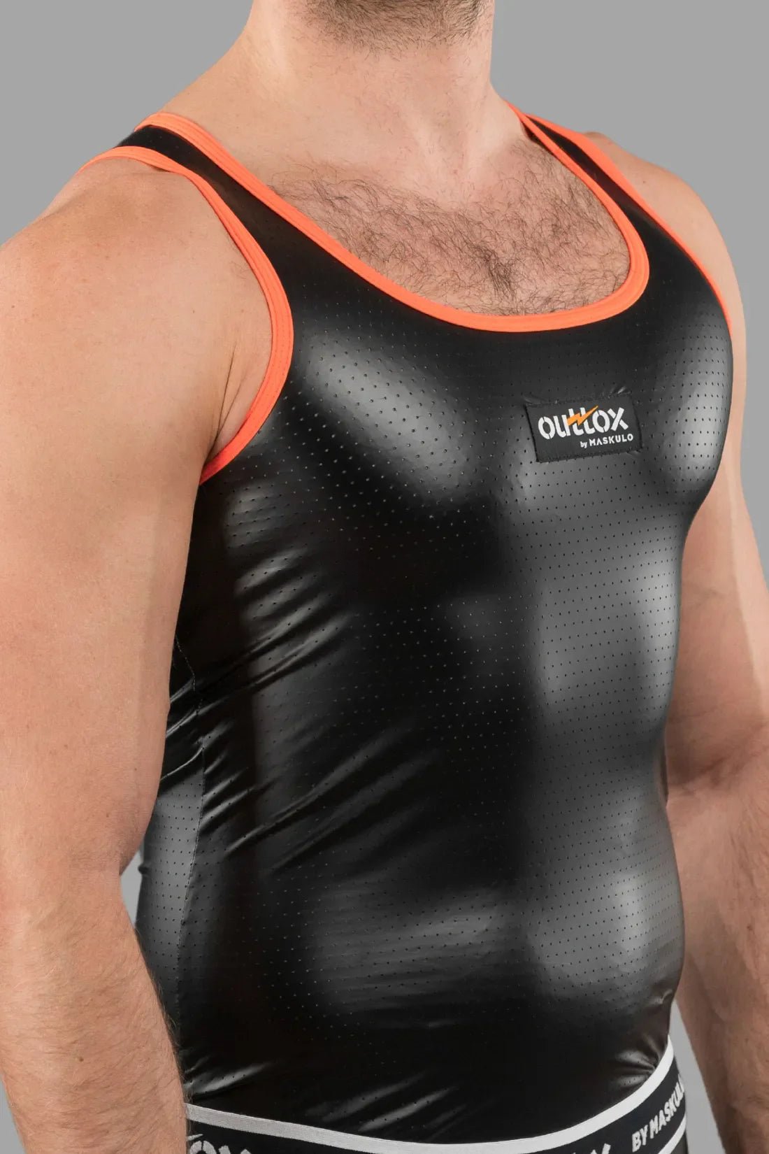 Outtox by Maskulo Black and Orange tight fit Tank Top with perforated PU eco leather, stretch material, and PVC chest logo.