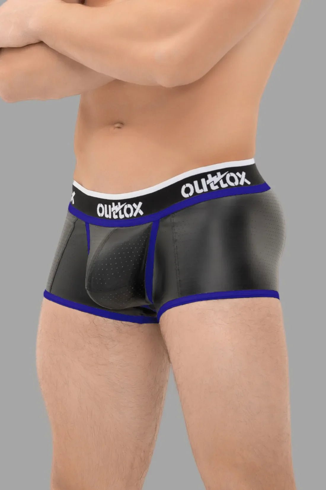 Maskulo Outtox Open Rear Trunk Shorts with Snap Codpiece in Black and Royal Blue, showing the open rear and detachable pouch feature.