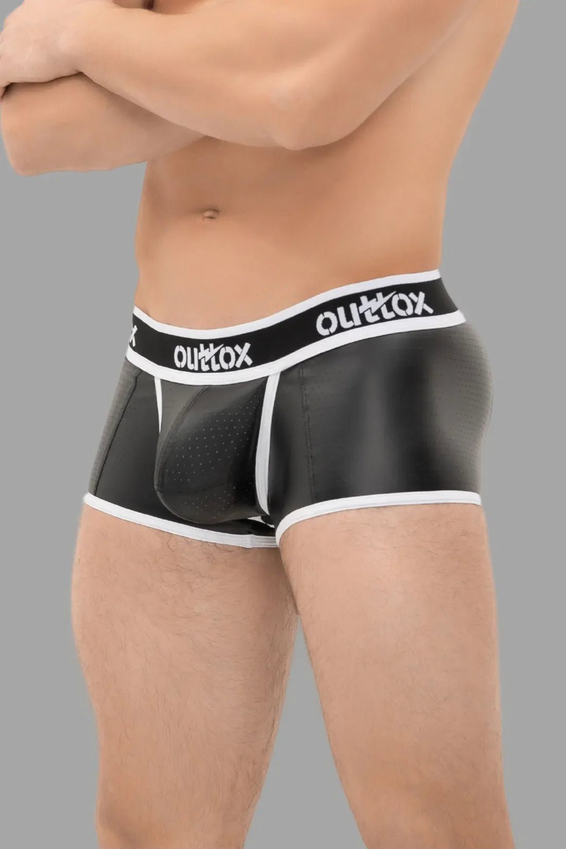 Maskulo Outtox Open Rear Trunk Shorts with Snap Codpiece in Black and White