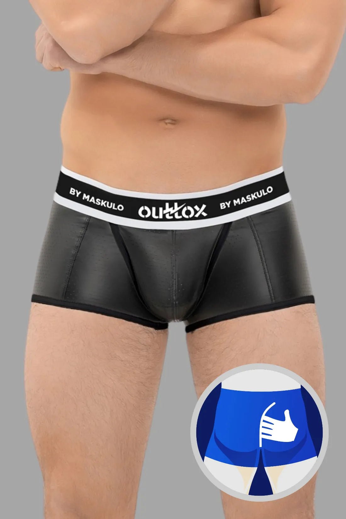 Outtox by Maskulo Black Wrapped Rear Trunk Shorts with snap codpiece. Polyester/polyurethane/elastane blend, perforated eco leather.