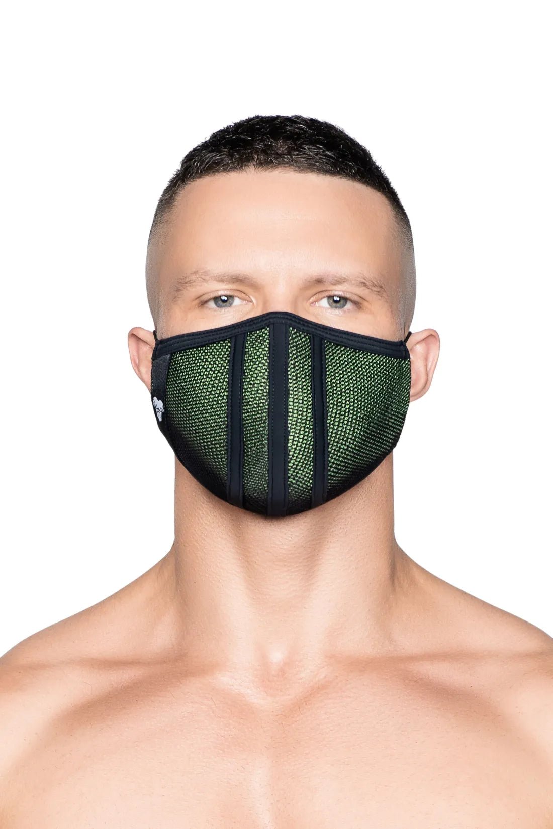 Maskulo Life 3D Mask in Green and Black. Polyester/cotton blend fashion face mask accessory with adjustable straps for comfort.
