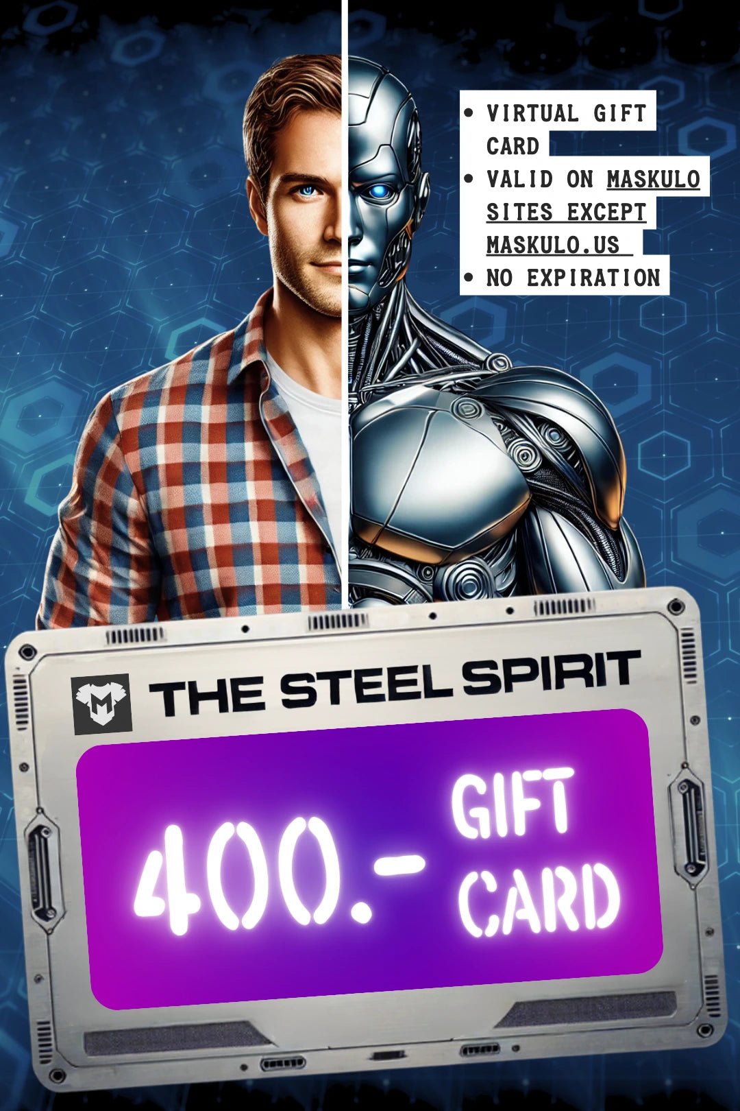 Maskulo Global (EU) online store gift card accessory, with 10€ value, in the &quot;The Steel Spirit&quot; design (Style MTR108).