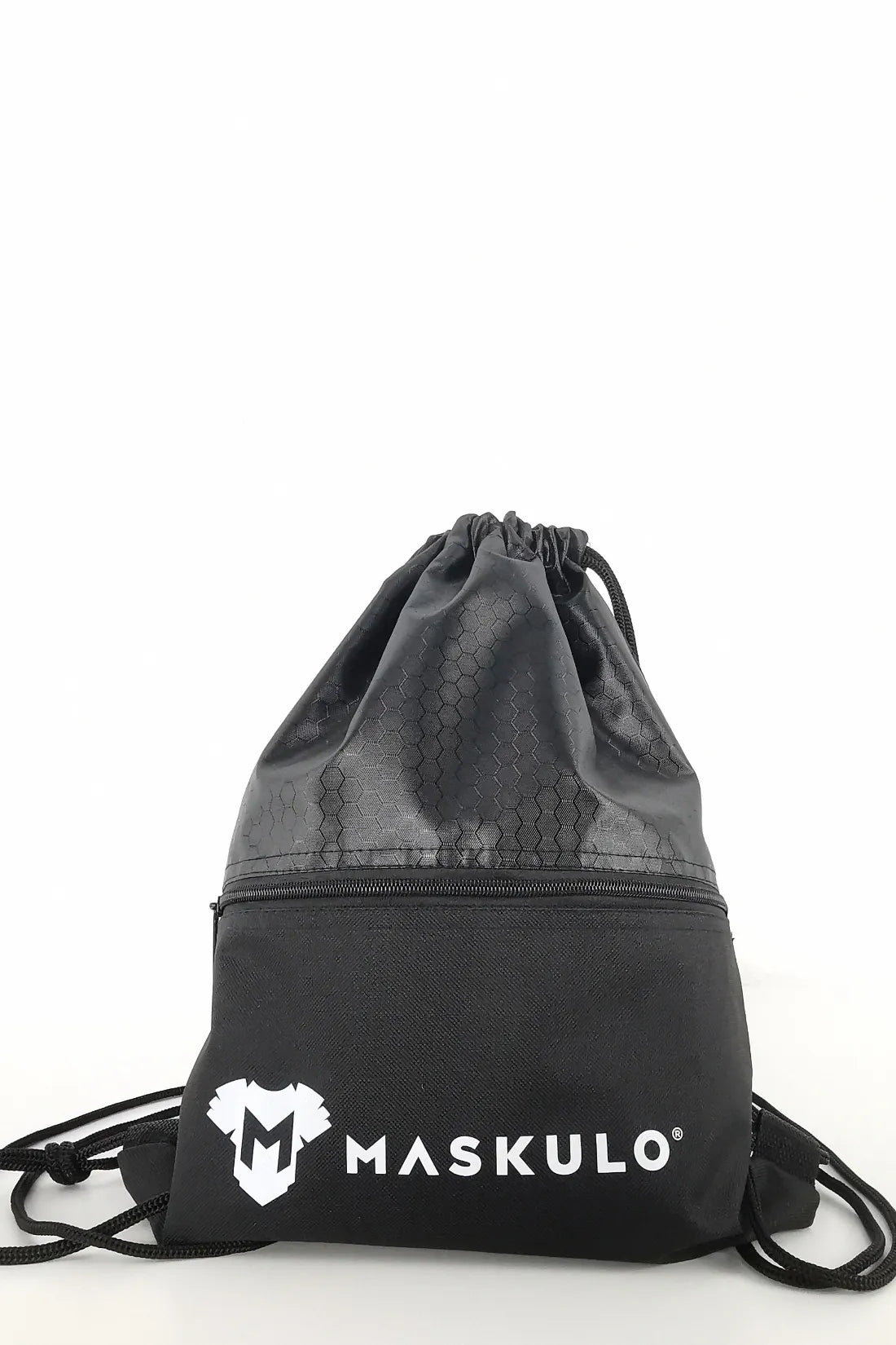 Maskulo Drawstring Bag (MBG112) for gym or travel, black color, featuring the Maskulo logo, durable and lightweight.