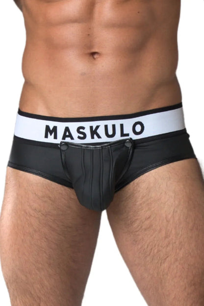 Rubber-Look Briefs with Detachable Pouch in Black, size XL. Maskulo MBR108-Y4 for adults. Comfortable male underwear accessory.