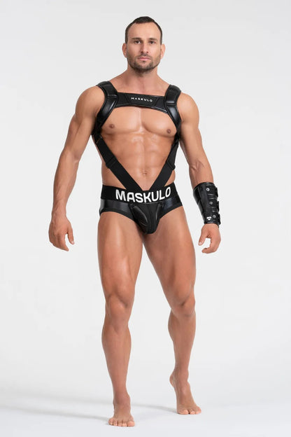 Black briefs with pads by Maskulo. Comfortable padded underwear accessory for men, size L, enhancing shape and providing support.