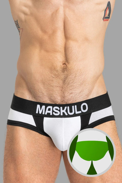Maskulo CAPTAIN-A Briefs: White &amp; Black cotton underwear with O-Inside-POUCH technology for comfort and support. Everyday wear.