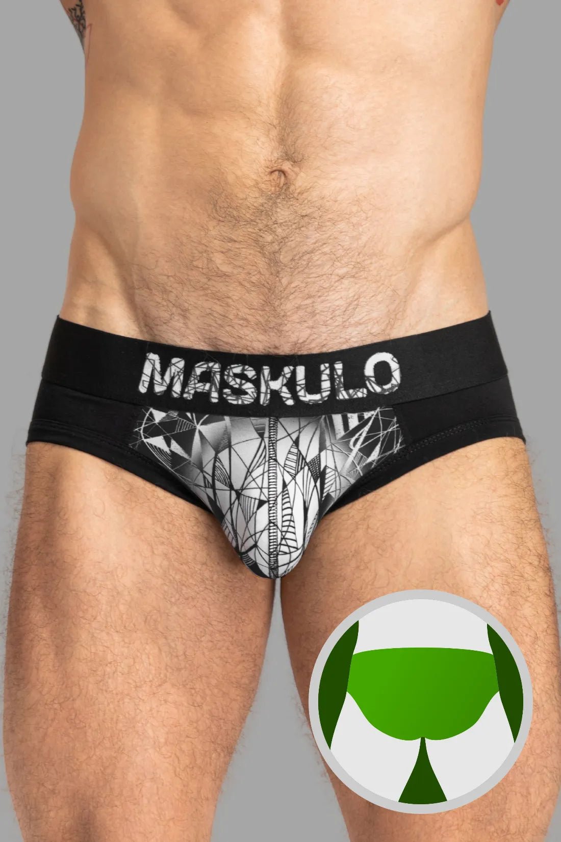 Maskulo ARMOR Black/White briefs with ART-X effect. Cotton/elastane blend everyday underwear for comfort &amp; bulge enhancement.