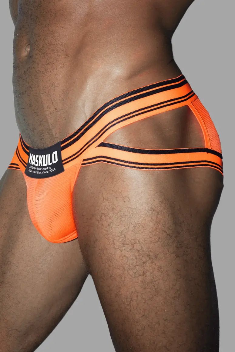 Micah Peacefield Everyday Briefs in orange by Maskulo. Two-tone nylon-mesh pouch, single layer for breathability, comfort, and elasticity.