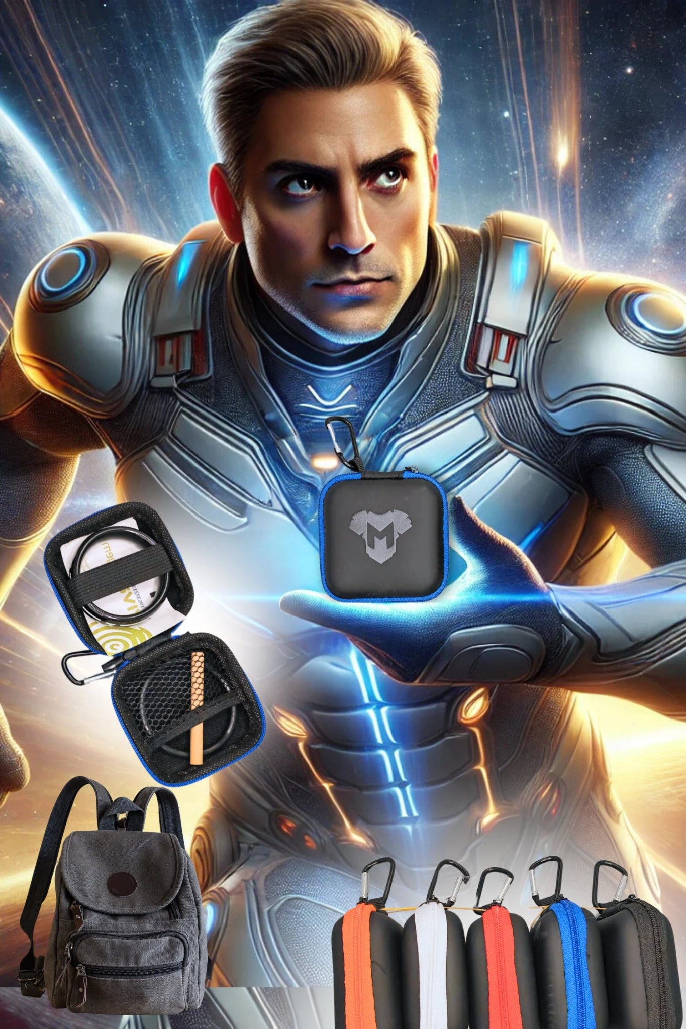 Maskulo Jax Wanderlust mini zip-case with carabiner in black and royal blue. Leather-look EVA case (8x8 cm) with zipper, great for small items.