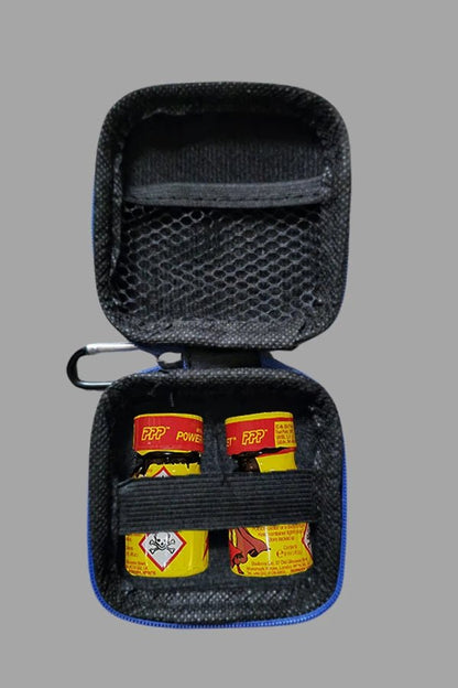 Maskulo Jax Wanderlust mini zip-case with carabiner in black and royal blue. Leather-look EVA case (8x8 cm) with zipper, great for small items.