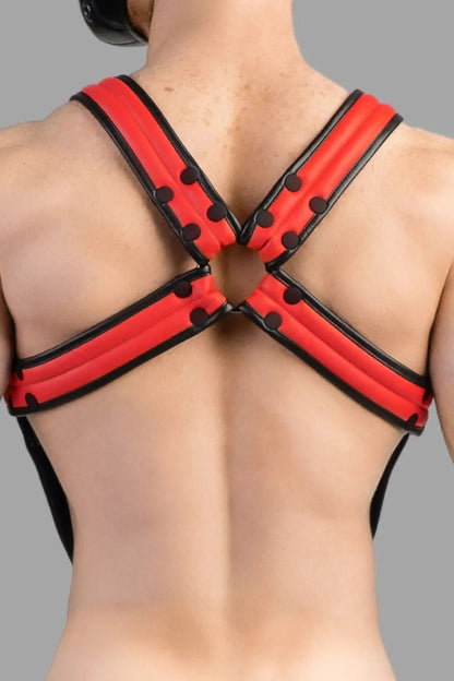 Maskulo Armored Next Body Harness in black and red, featuring durable polyester/polyurethane blend and removable cockring.