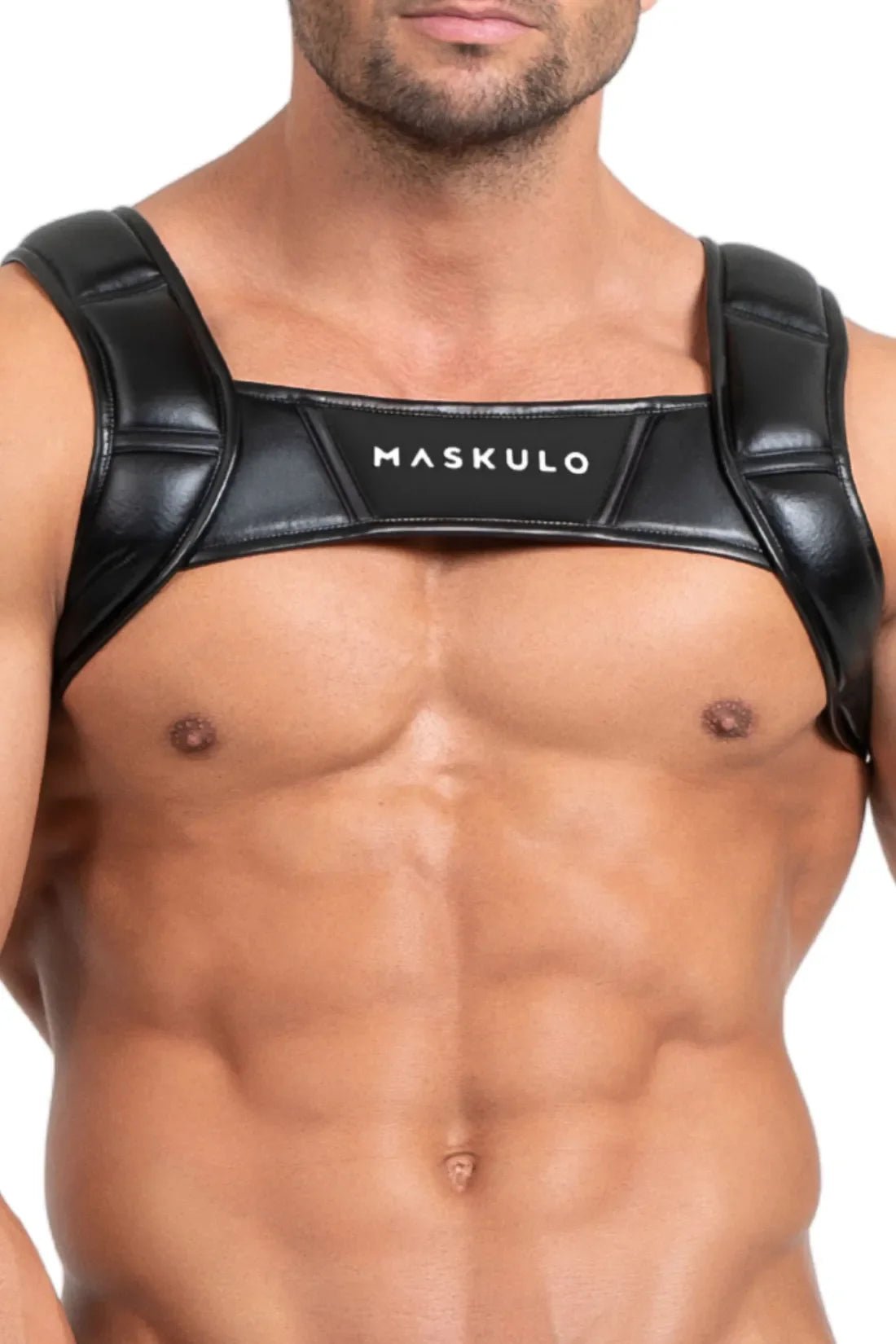Maskulo Bulldog Harness with 3D Logo in black, an adult male leather-look chest and shoulder harness accessory for style and fitness.