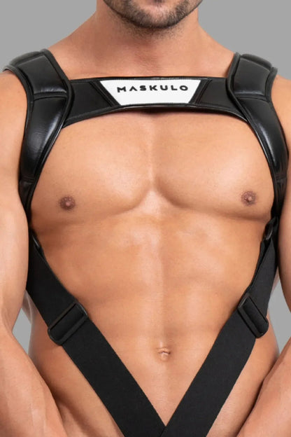Maskulo Black and White Body Harness, XXL size, with a push-up effect cockring. Adjustable polyester/polyurethane blend for a striking look.