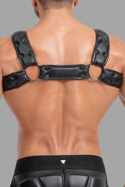 Maskulo Black Body Harness with Push-up Effect, adjustable polyester/polyurethane blend, featuring PU leather piping and 3D branding.