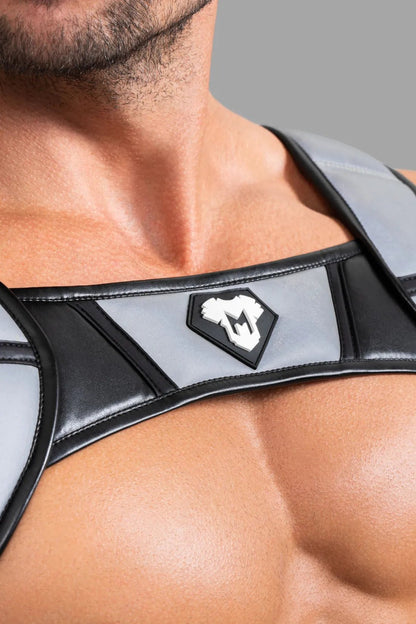 Maskulo Black &amp; Grey Reflective Light Body Harness. Push-up effect, adjustable size, PU leather piping, and UV-glowing elements.