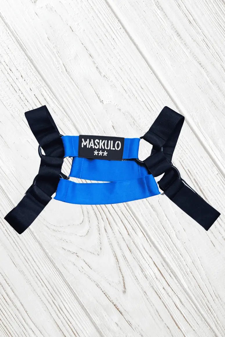 Goran Tropix elastic bulldog harness in blue, size L/XL, by Maskulo. Men&