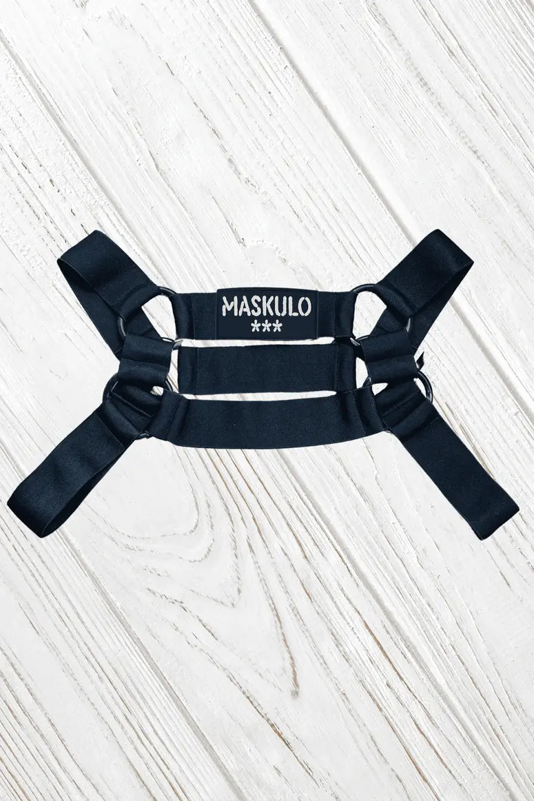 Black Dean Tropix elastic bulldog harness (MHR210-Y2, size M) by Maskulo. Ideal for active wear, providing comfort and secure fit.