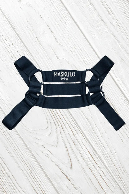 Black Dean Tropix elastic bulldog harness (MHR210-Y2, size M) by Maskulo. Ideal for active wear, providing comfort and secure fit.