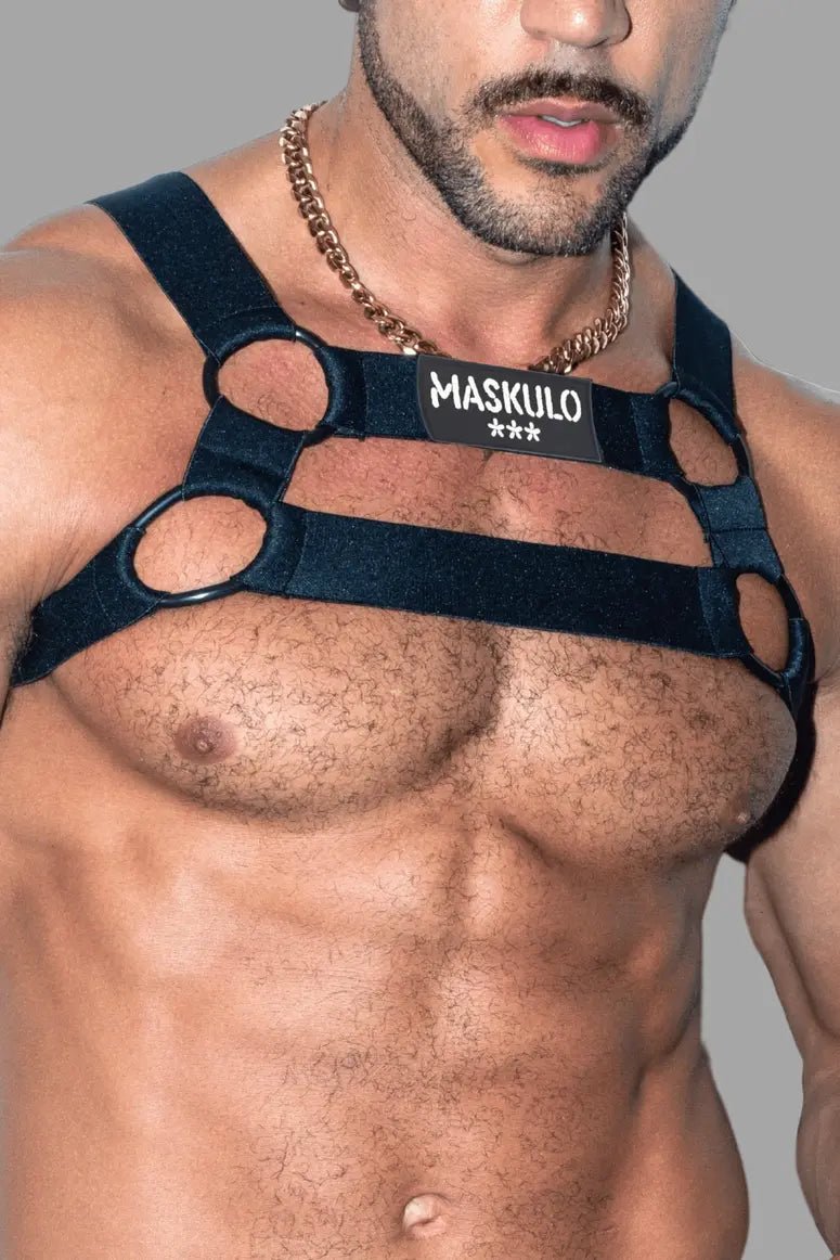 Maskulo Dean Tropix black elastic bulldog harness, 100% nylon, thick and sturdy, with circular strap attachment, for a perfect fit.