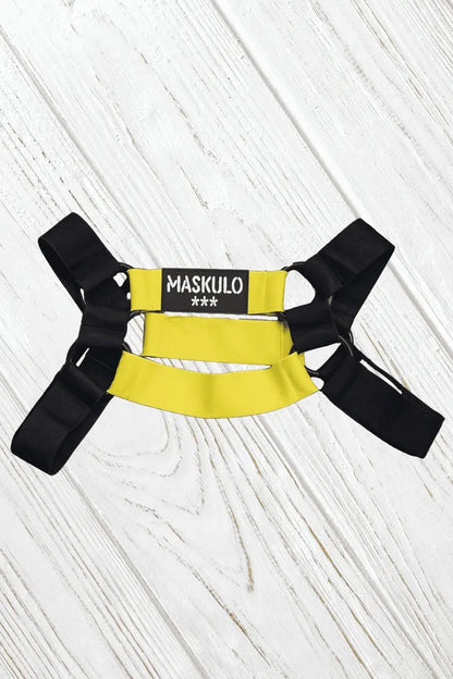 Maskulo Conrad Tropix elastic bulldog harness in yellow and black, made from 100% nylon for a thick, sturdy, and perfect fit. Great for parties.