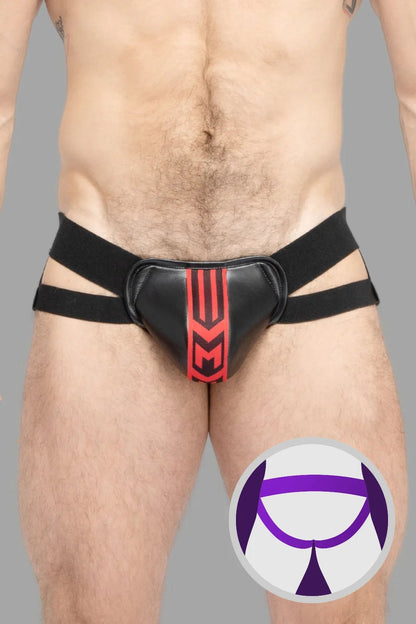 Maskulo Skulla Jockstrap in black and red, featuring a unique, non-detachable PU leather &quot;Hockey shell&quot; pouch and PVC logo.