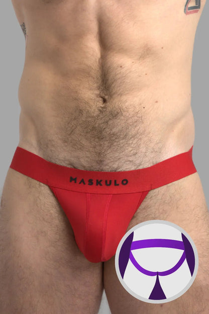 Maskulo Microfiber Jockstrap in Red. Polyester/elastane blend, push-up effect, soft breathable mesh, and PVC 3D branding.
